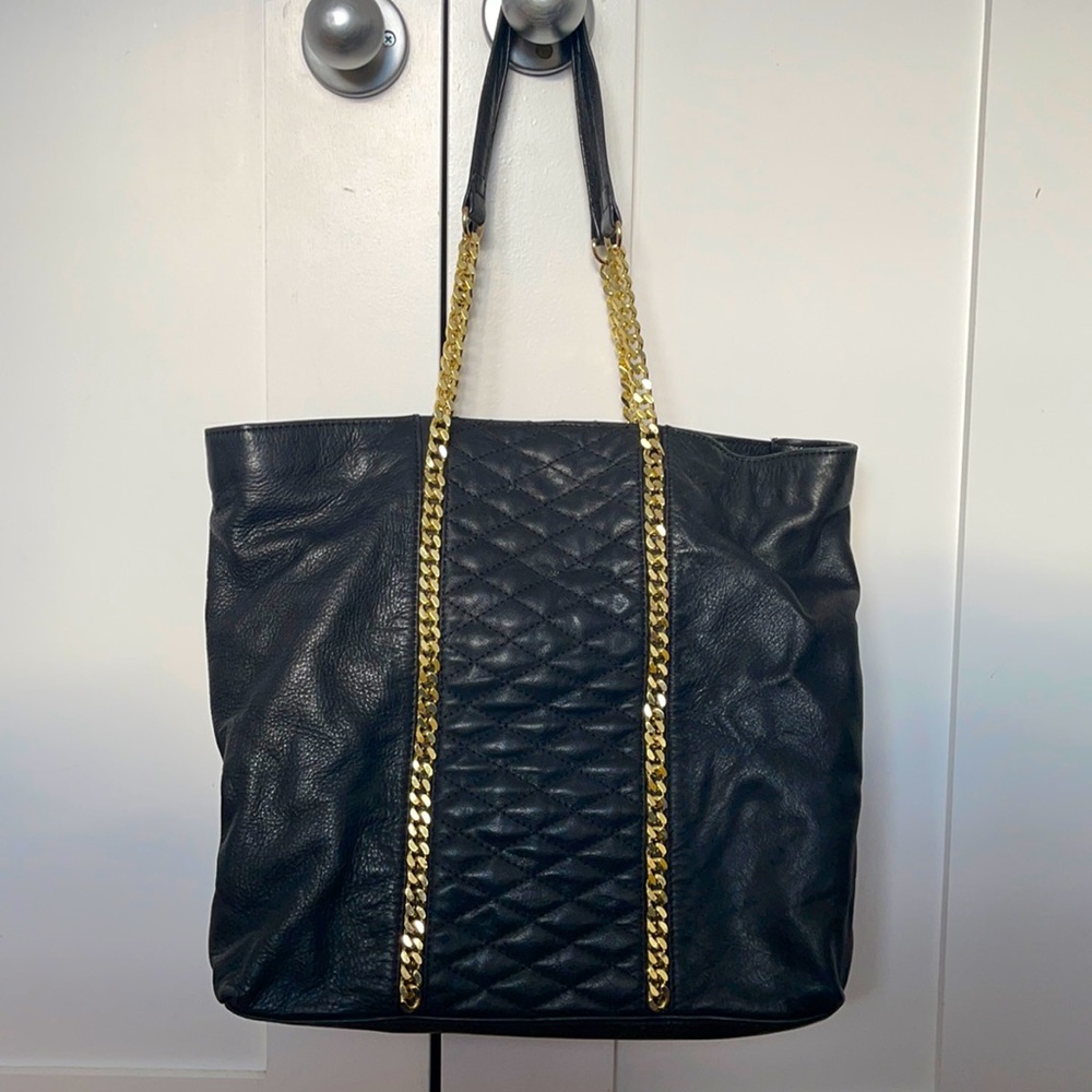 Zara Black Soft Leather Tote w/Gold Chain Accent